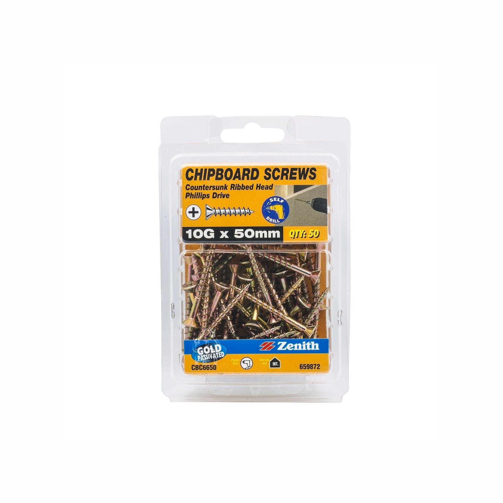 Zenith 10G x 50mm Gold Countersunk Rib Head Chipboard Screws - 50 Pack