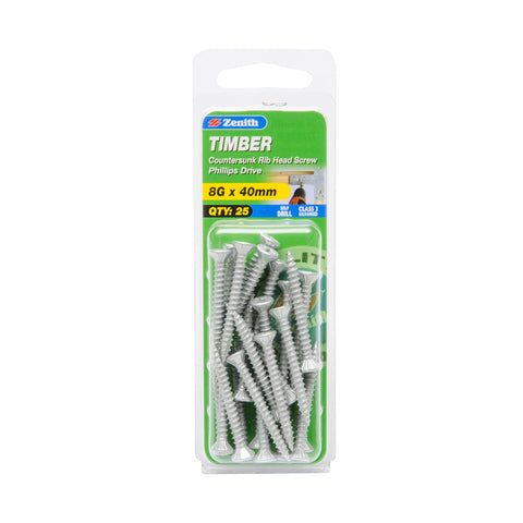 Zenith 8G x 40mm Galvanised Type 17 Countersunk Rib Head Timber Screws - 25 Pack