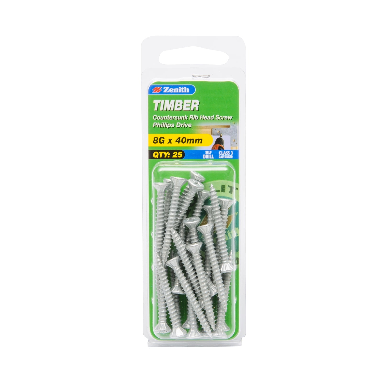 Zenith 8G x 40mm Galvanised Type 17 Countersunk Rib Head Timber Screws - 25 Pack