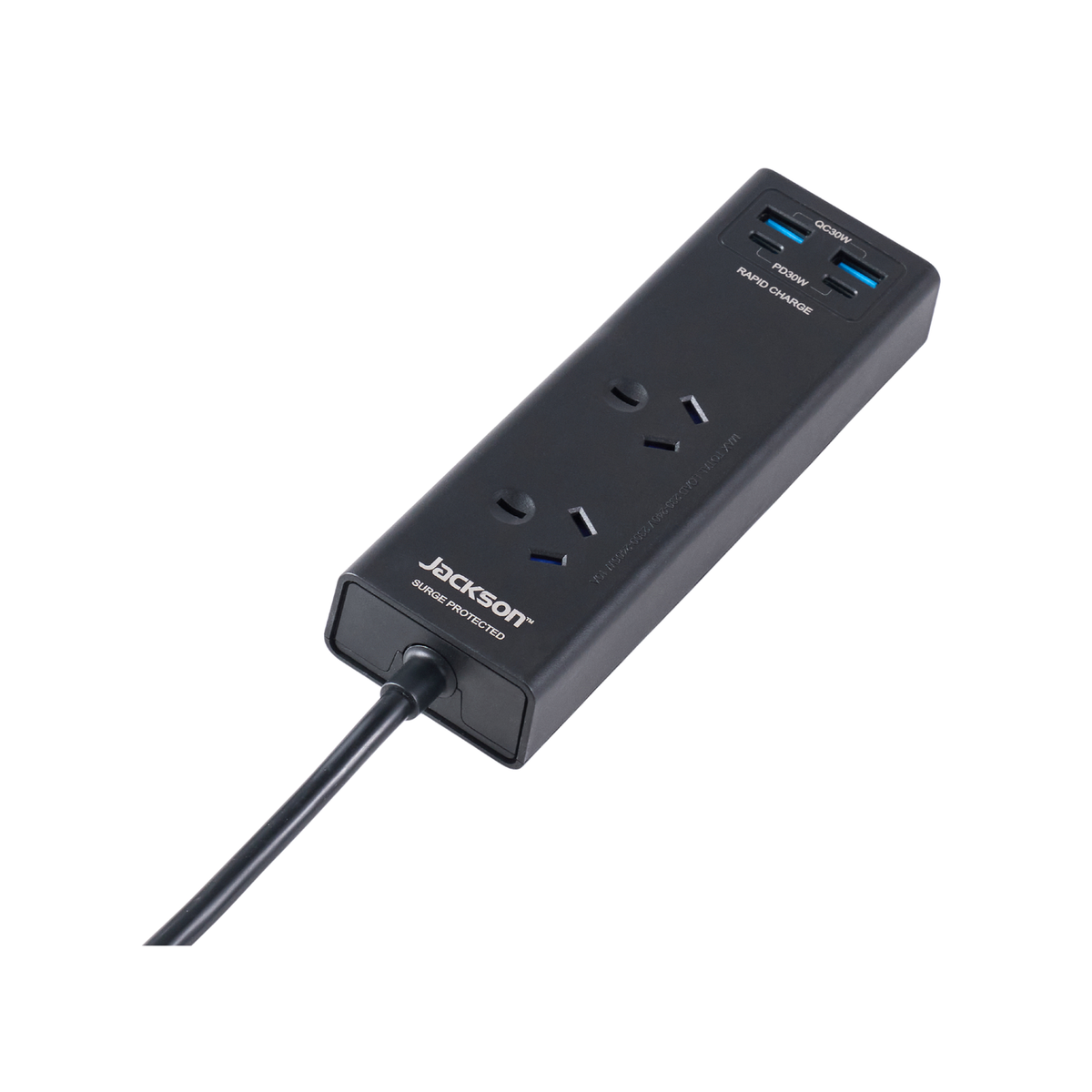 Jackson 2 Outlet Portable Powerboard, USB-A x2 & USB-C PD30W, 175J Surge, Black