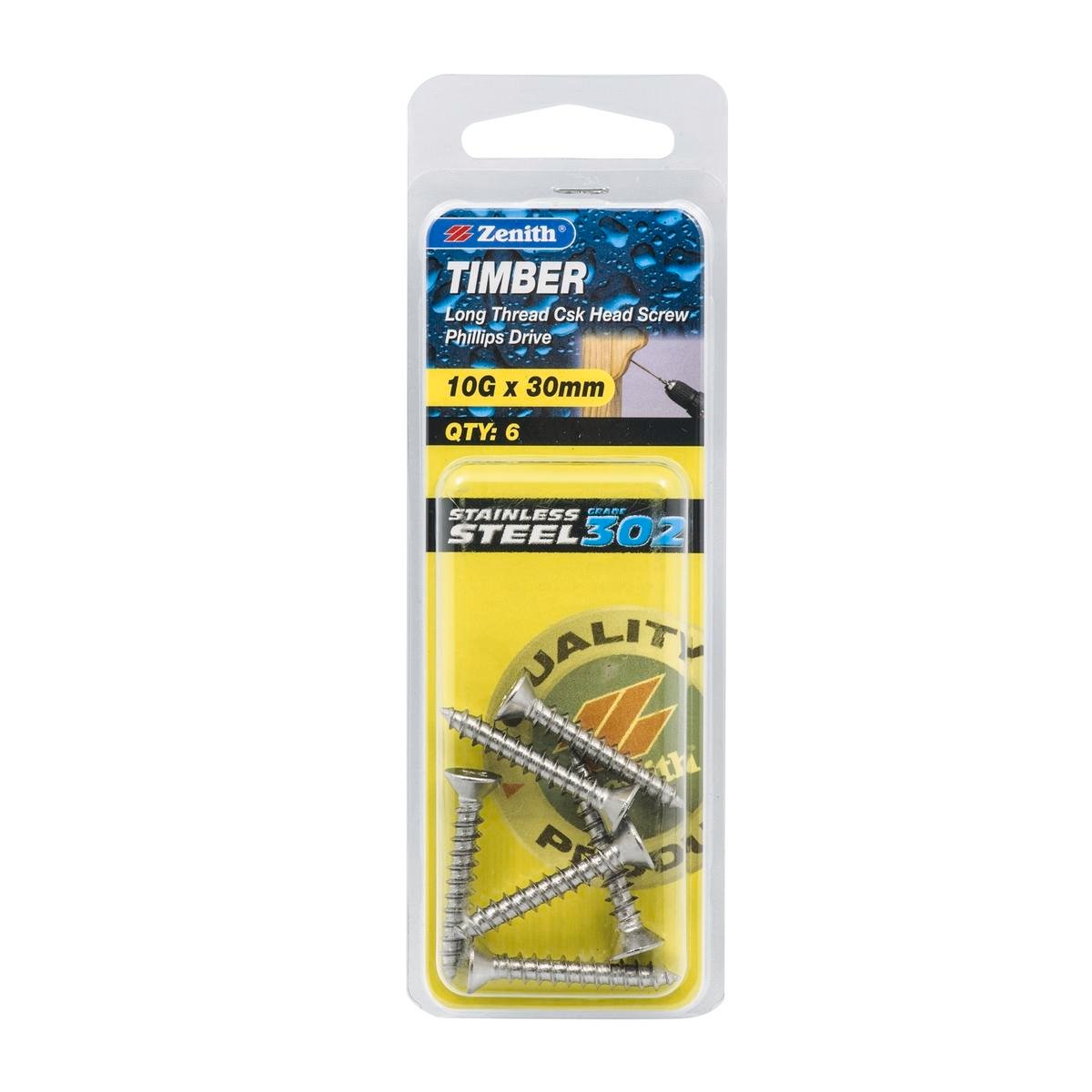 Zenith 10G x 30mm 302 Stainless Steel Countersunk Timber Screws - Long Thread, Phillips, 6 Pack