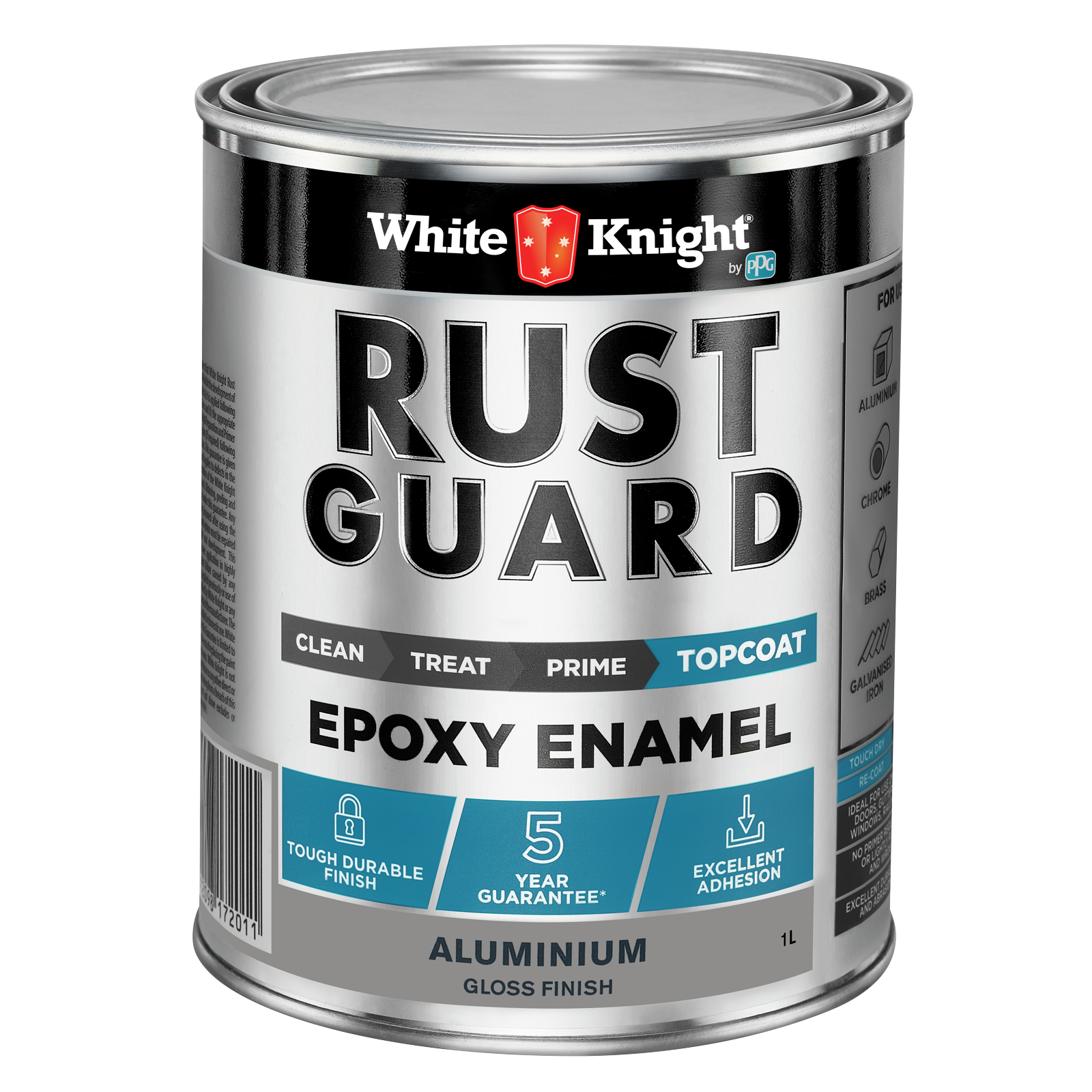 White Knight Rust Guard Epoxy Enamel Paint 1L - Aluminium Gloss, Solvent Based UV Resistant Metal Paint