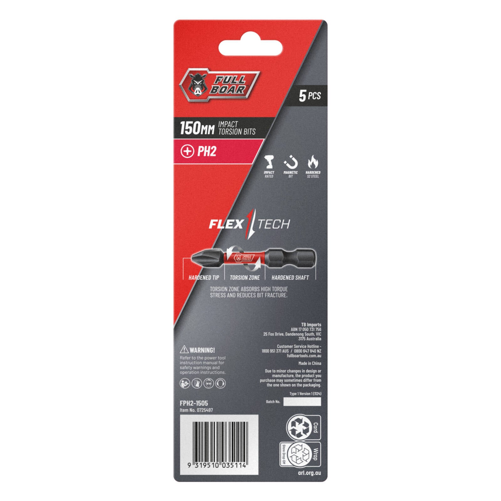 Full Boar PH2 x 150mm S2 Steel Impact Torsion Bit 5 Pack FPH2-1505