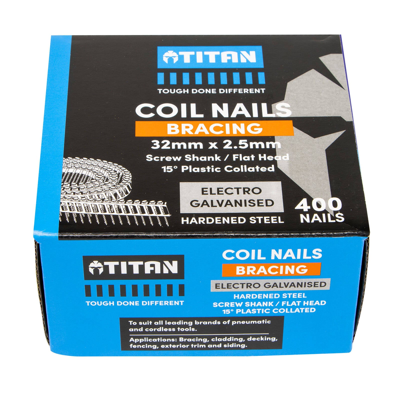 Titan 32 x 2.5mm Hardened Electro Galvanised Collated Coil Nail Screws 400 Pack