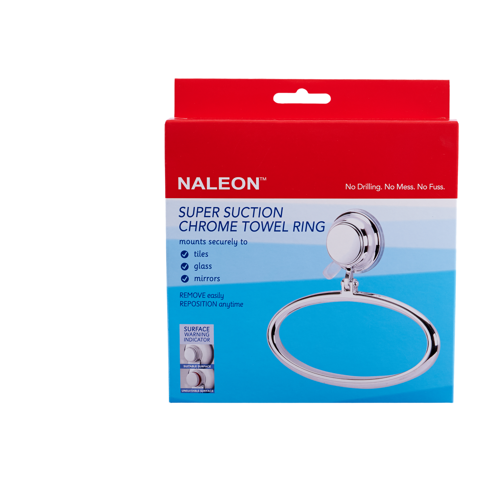 Naleon Super Suction Chrome Towel Ring 180mm ABS Wall Mount