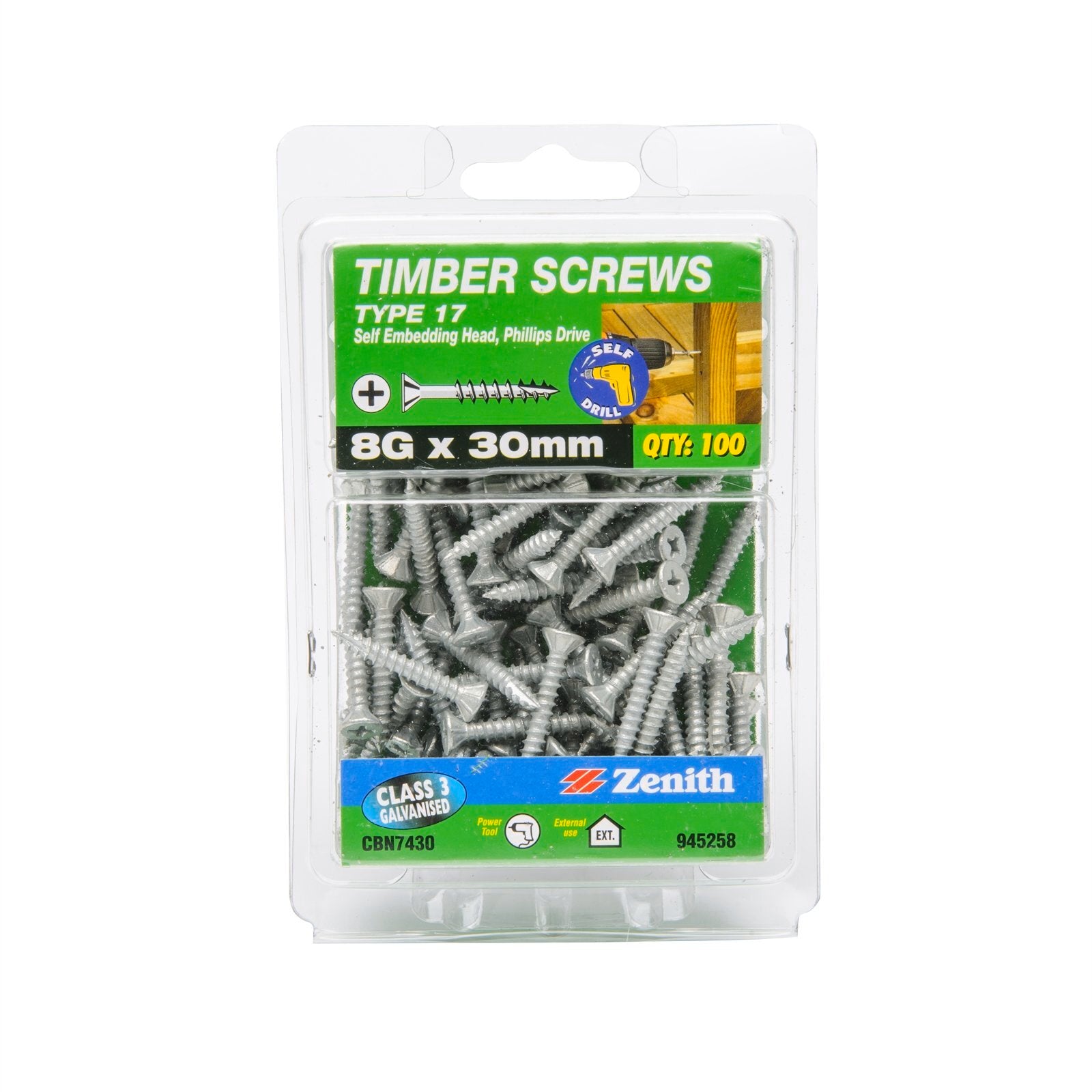 Zenith 8G x 30mm Galvanised Type 17 Self Embedding Head Timber Screws - 100 Pack