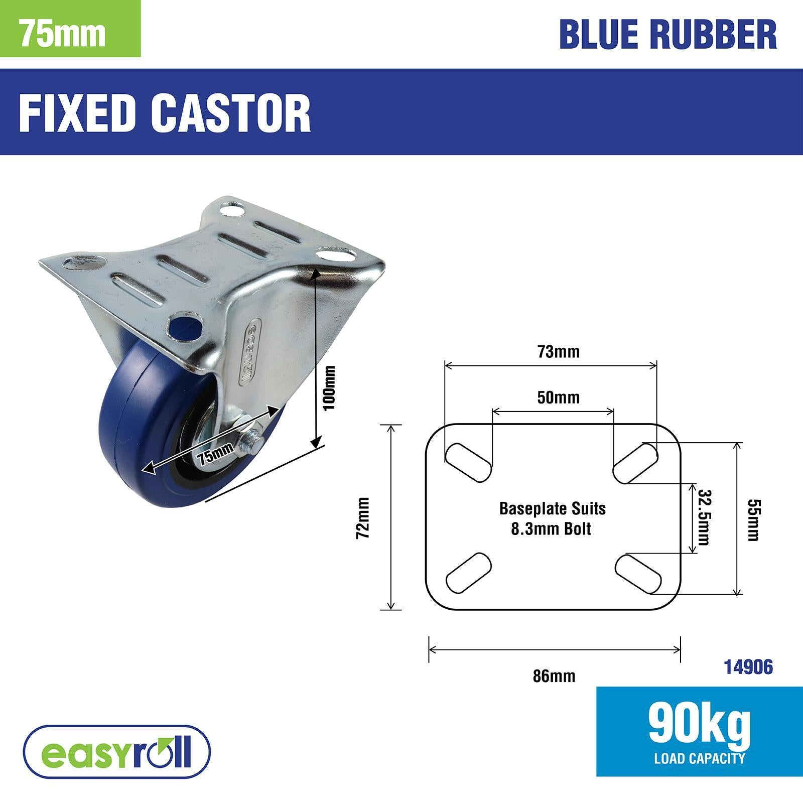 Easyroll 75mm Blue Rubber Fixed Castor 90kg Load Indoor Outdoor