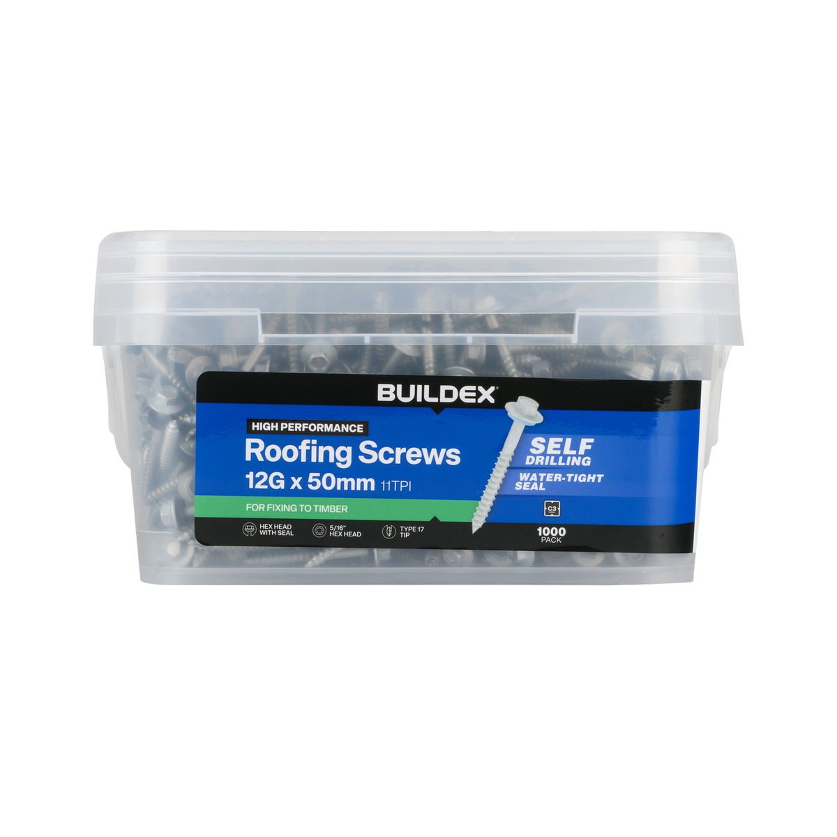 Buildex 12G x 50mm Class 3 Roofing Screws with Seal - 1000 Pack