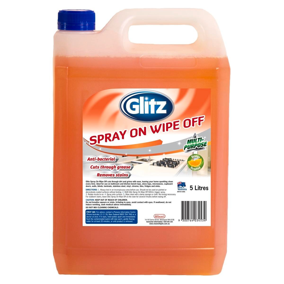 Glitz 5L Spray On Wipe Off Multipurpose Cleaner - Indoor, Orange