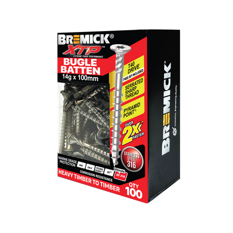 Bremick XTP 14g x 100mm Stainless Steel 316 T40 Bugle Batten Screws 100 Pack