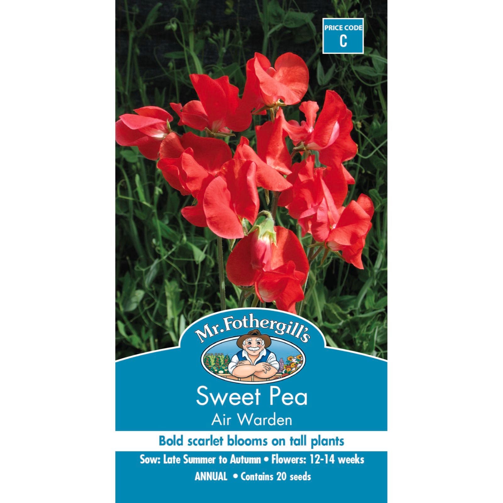 Mr Fothergill's Sweet Pea Air Warden Seeds, Scarlet Blooms, Fragrant Climber, Sun or Part Shade