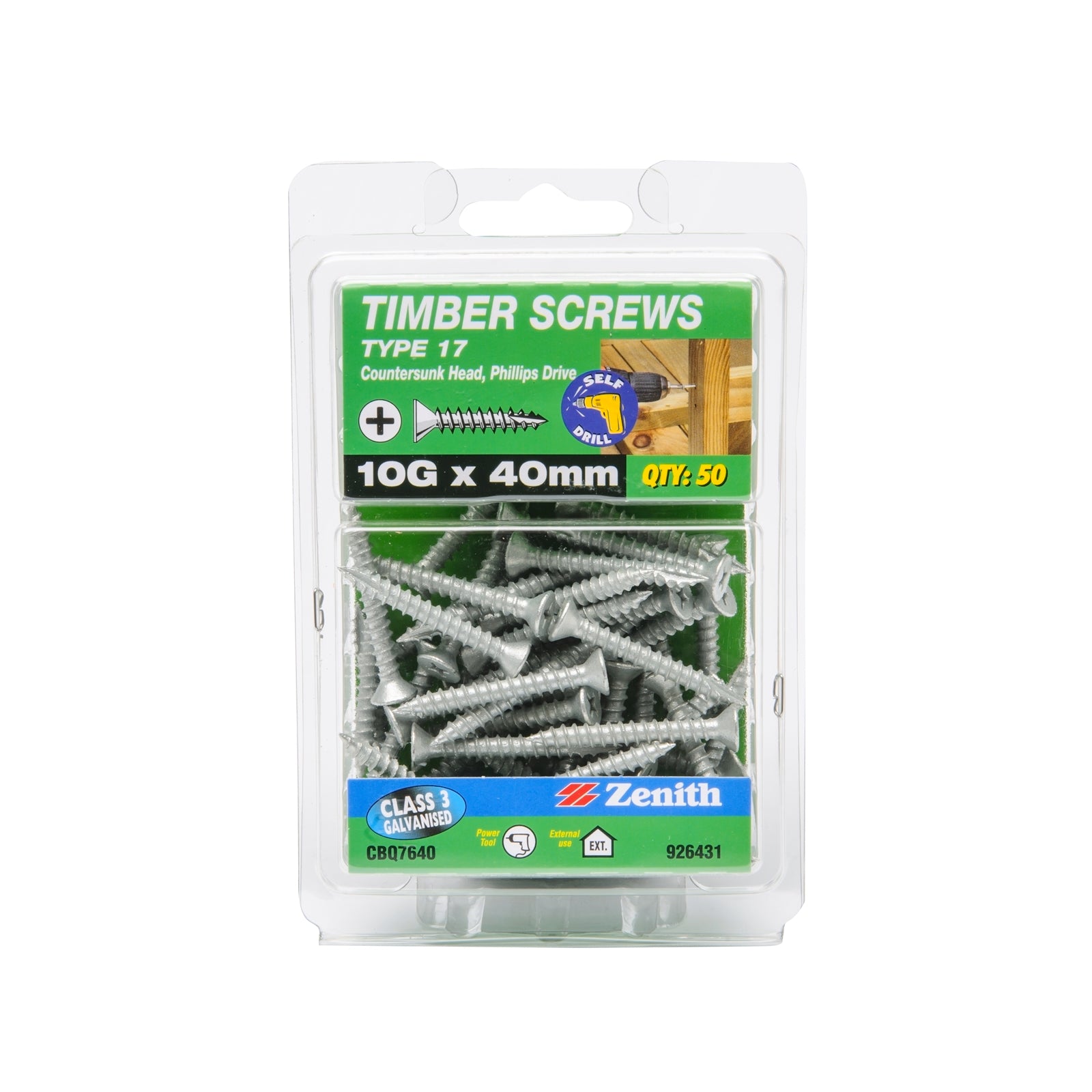 Zenith 10G x 40mm Galvanised Type 17 Countersunk Timber Screws - 50 Pack