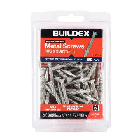 Buildex 10g x 50mm Sheet Metal Screws - Countersunk Rib Head - 50 Pack - Corrosion Resistant - Wing TEKS® Tip - SuperSaverAU - view 1