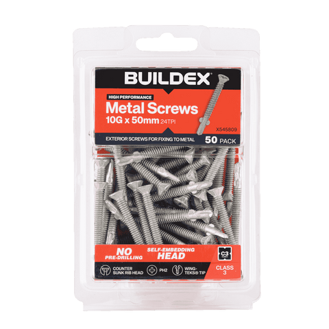Buildex 10G x 50mm Class 3 Sheet Metal Screws, Countersunk Rib Head WING TEKS - 50 Pack