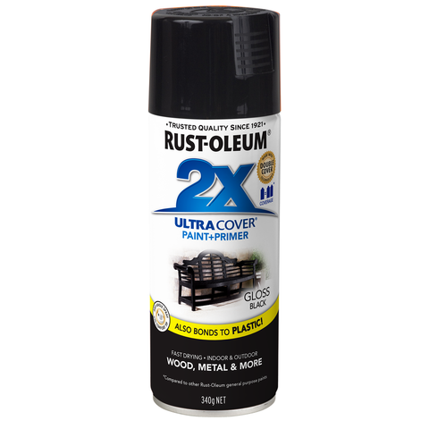 Rust-Oleum 2X Ultra Cover Gloss Black Spray Paint 340g Durable Finish - SuperSaverAU - view 1