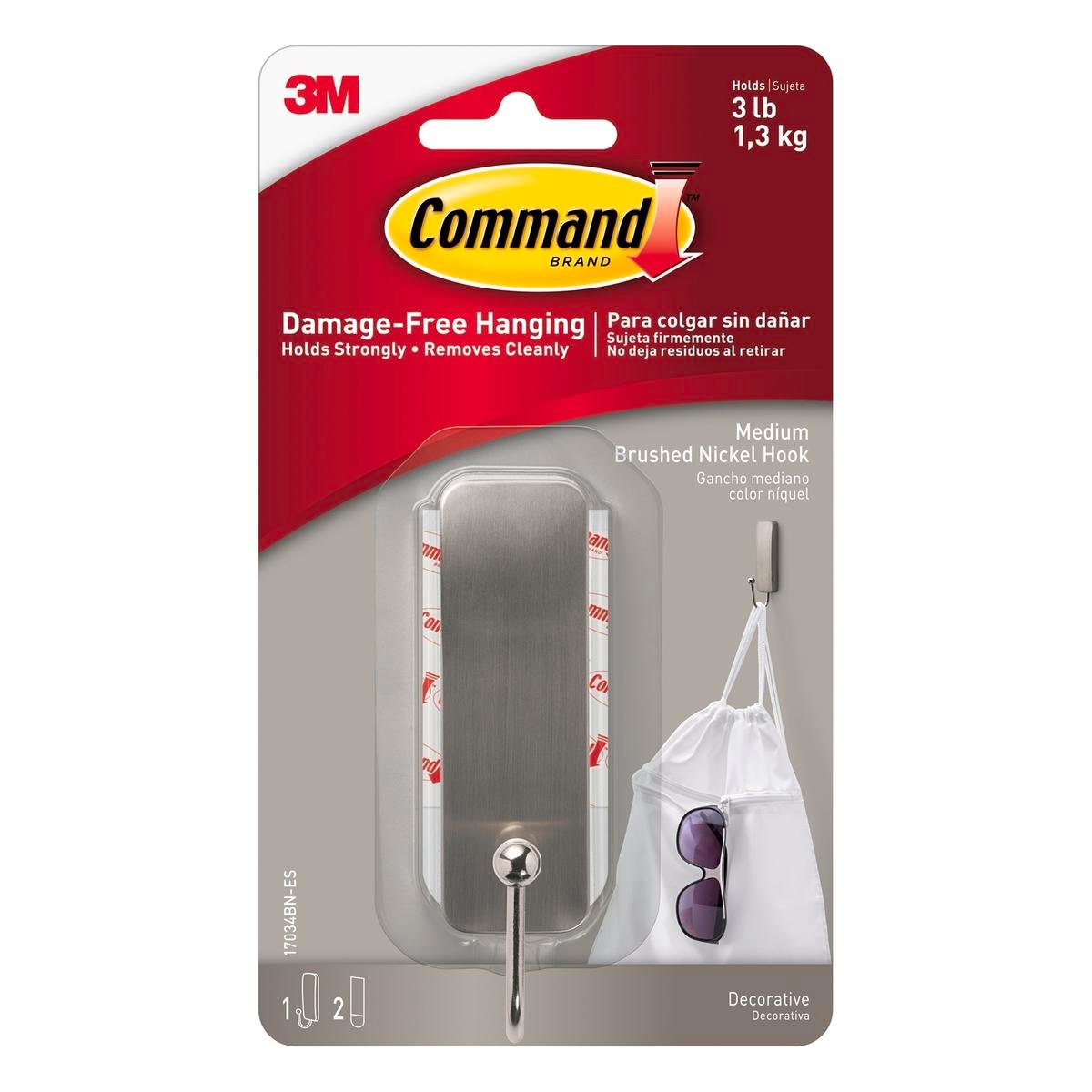 Command Medium Brushed Nickel Hook 1 Pack - 98mm x 171mm - Damage-Free Hanging - SuperSaverAU - view 1