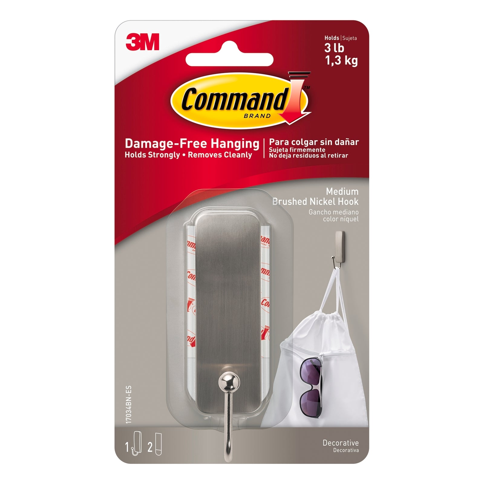 Command Medium Brushed Nickel Single Wall Hook 1 Pack