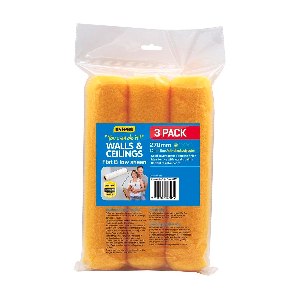 Uni-Pro You Can Do It 270mm Paint Roller Cover 3 Pack - 10mm Nap Polyester for Walls & Ceilings