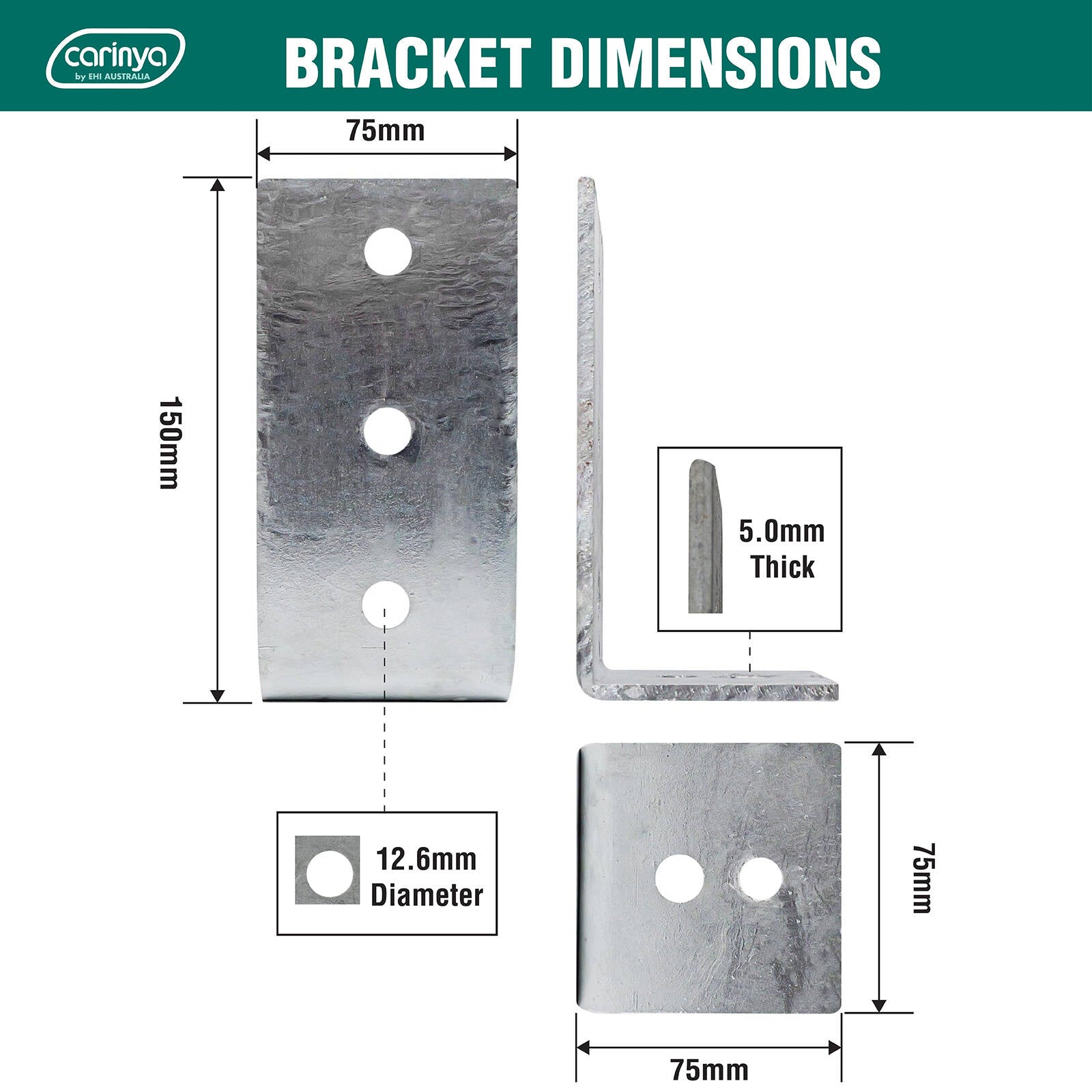 Carinya 75 x 150 x 75 x 5mm Hot Dipped Galvanised Steel Reinforcing Angle Bracket