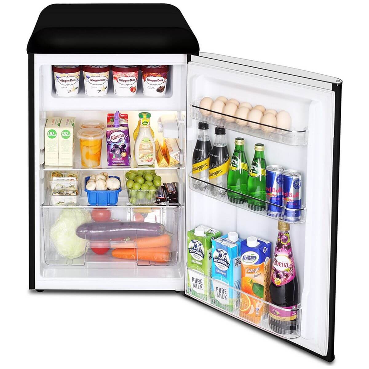 Husky 118L retro style bar fridge - black, 12L freezer compartment, adjustable shelves - HUSRET135BKHU