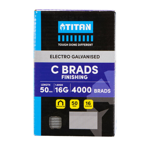 Titan 50 x 1.6mm 16 Gauge Electro Galvanised Straight Collated C Brads - 4000 Pack