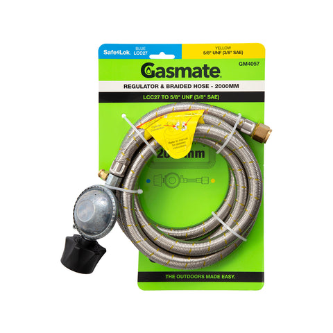 Gasmate Regulator & Braided Hose 2000mm LCC27 to 5/8" UNF (3/8" SAE)