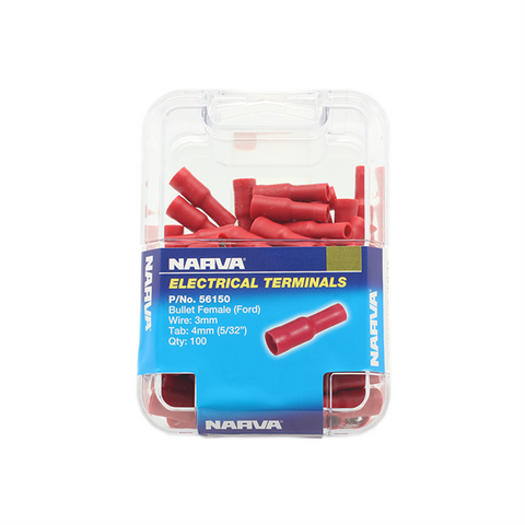 Narva Red Double Crimped Female Bullet Terminal, 2.5-3mm, 4mm, Flared Vinyl, 100 Pack