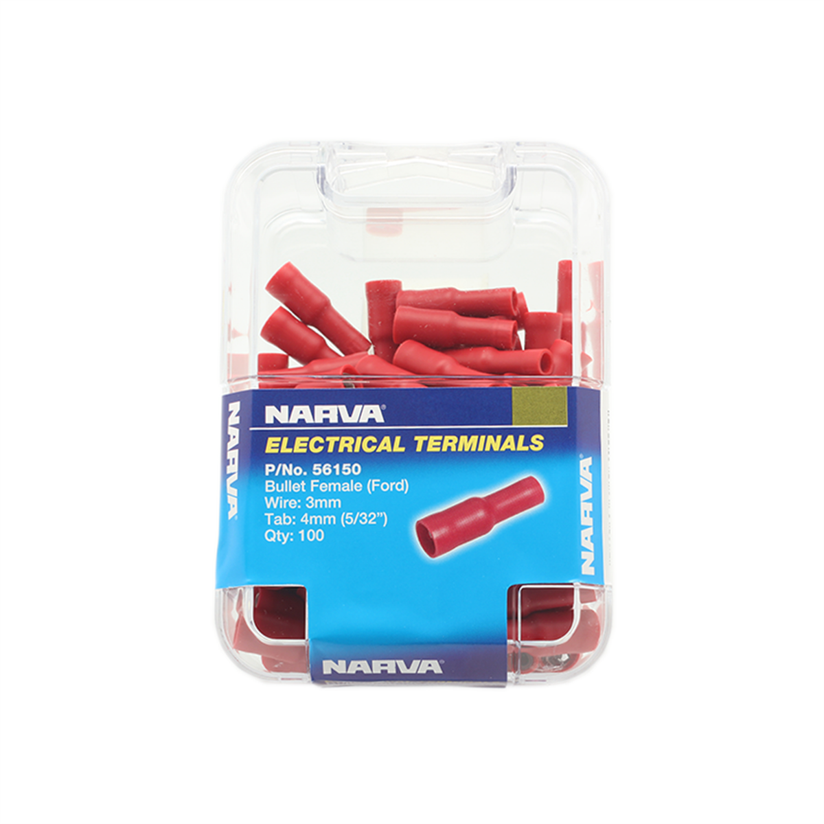 Narva Red Double Crimped Female Bullet Terminal, 2.5-3mm, 4mm, Flared Vinyl, 100 Pack