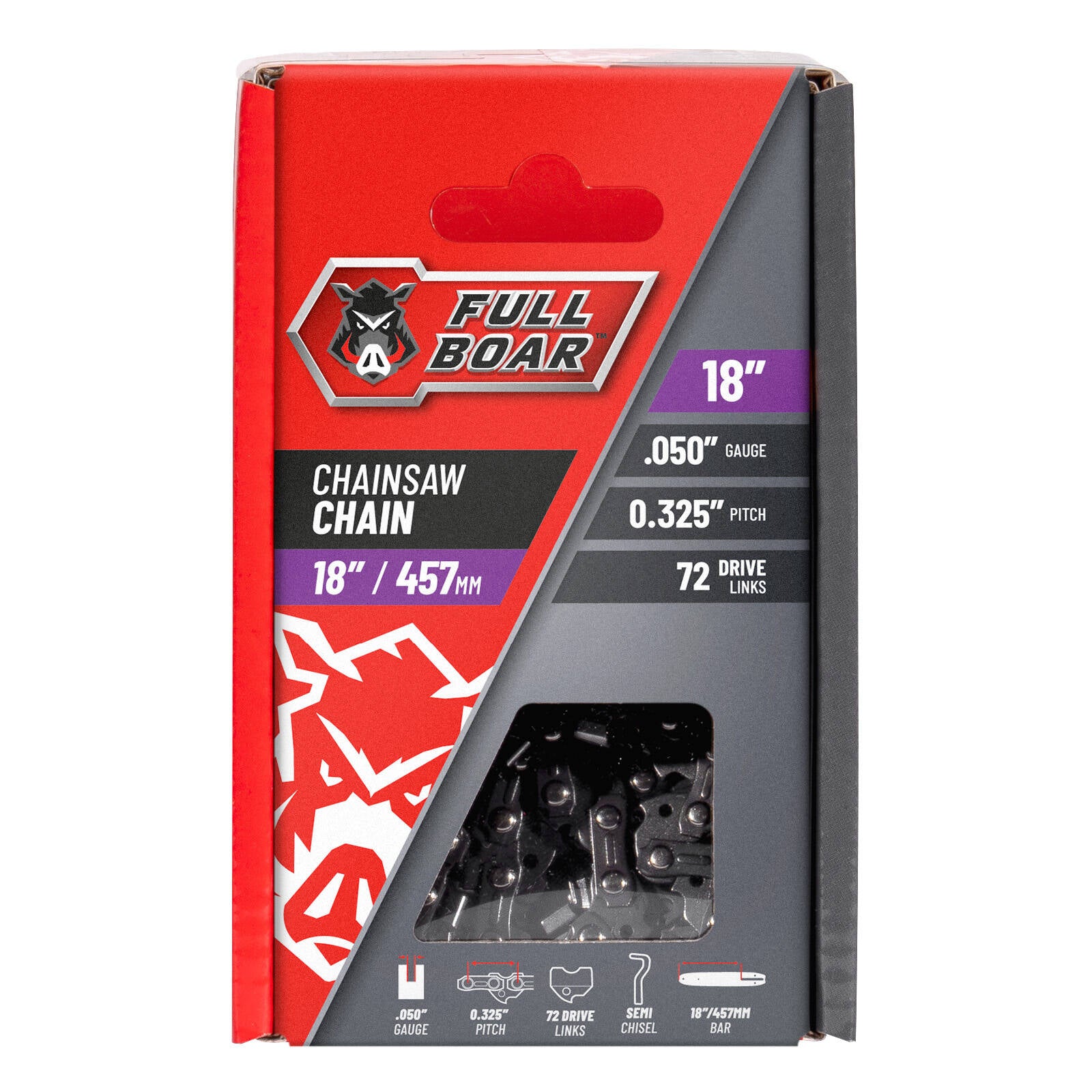 Full Boar 18" / 457mm Chainsaw Chain - 72 Drive Links, 0.325" Pitch, 0.05 Gauge