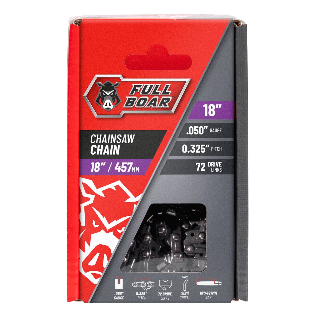Full Boar Chainsaw Chain - 18" 457mm - Semi Chisel - 72 Drive Links - 0.050" Gauge - 0.325" Pitch - SuperSaverAU - view 1