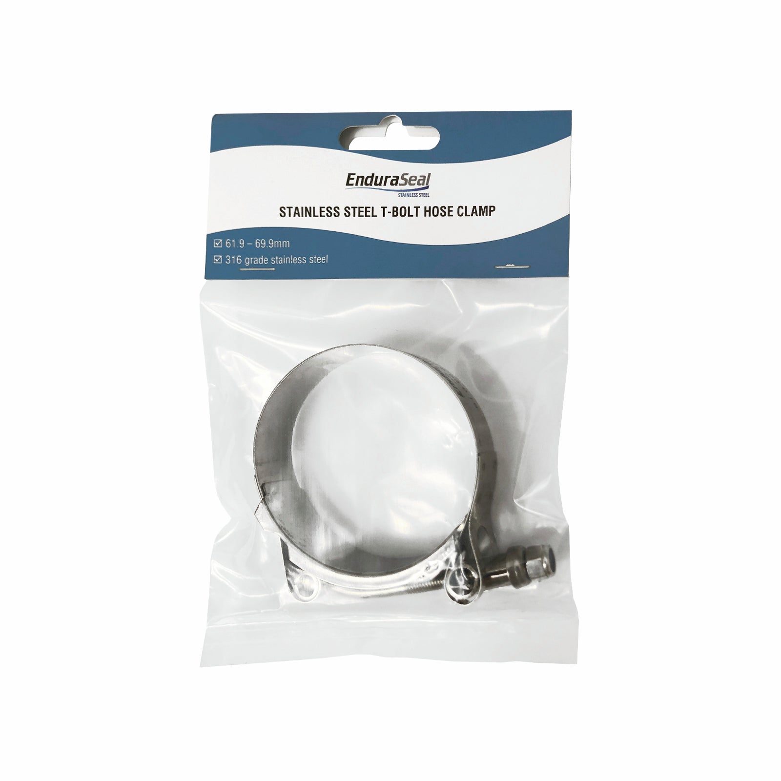 EnduraSeal 62-70mm Grade 316 Stainless Steel T-Bolt Hose Clamp Corrosion Resistant