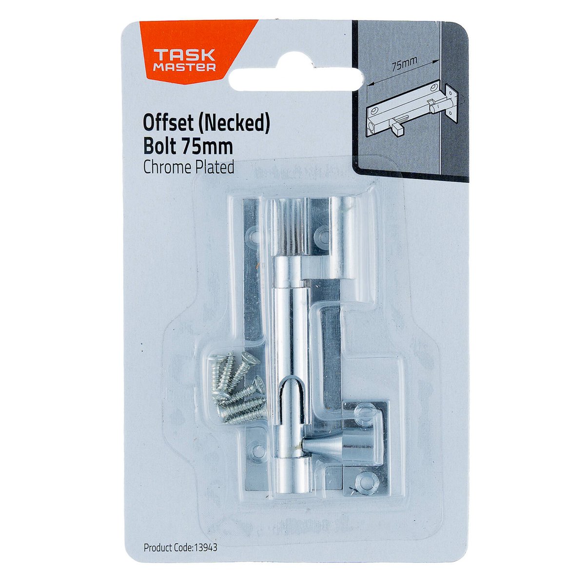 Taskmaster 75mm Chrome Plated Solid Brass Offset Necked Barrel Bolt