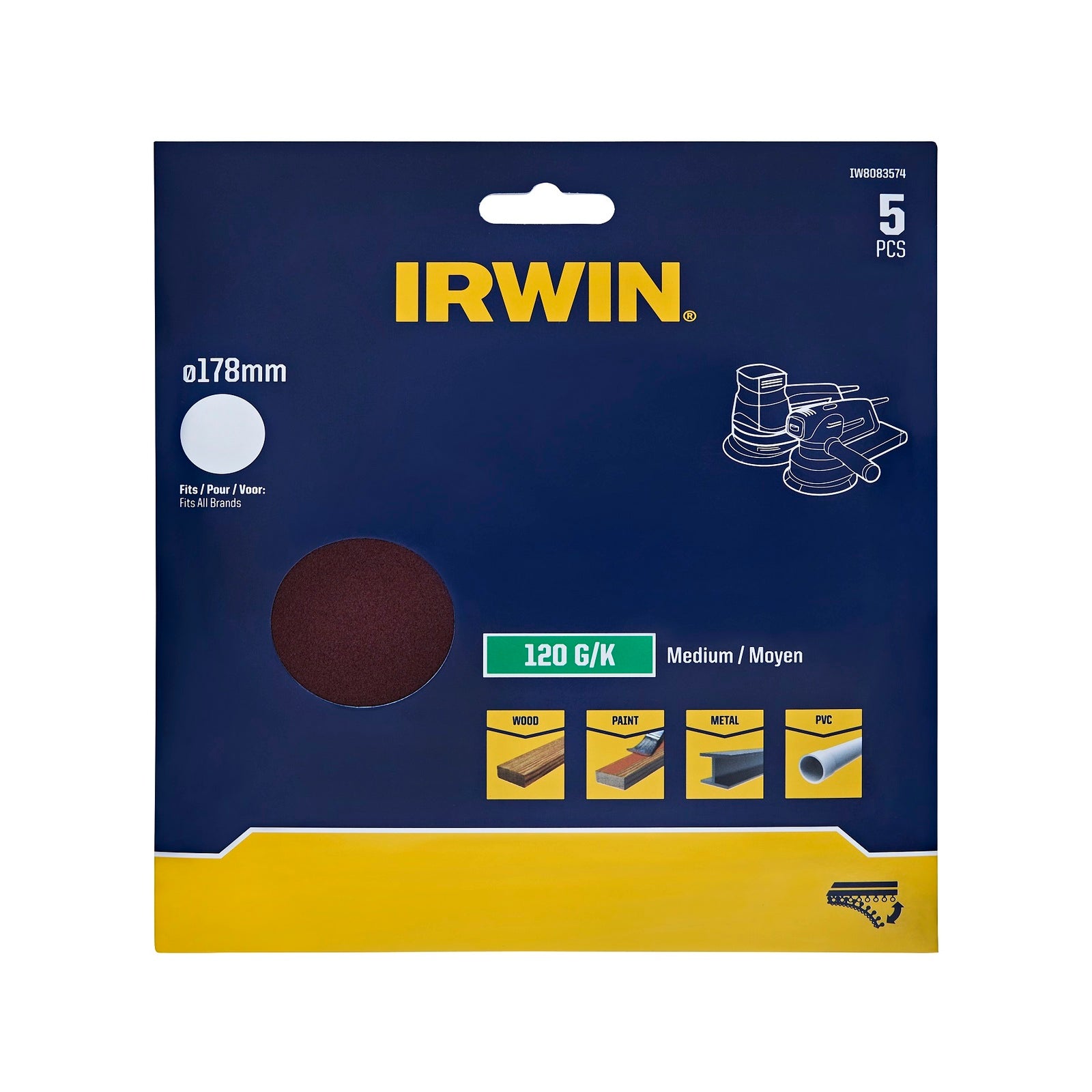 Irwin 178mm 120 Grit No-Hole Quick Fit Orbital Sanding Discs - 5 Pack