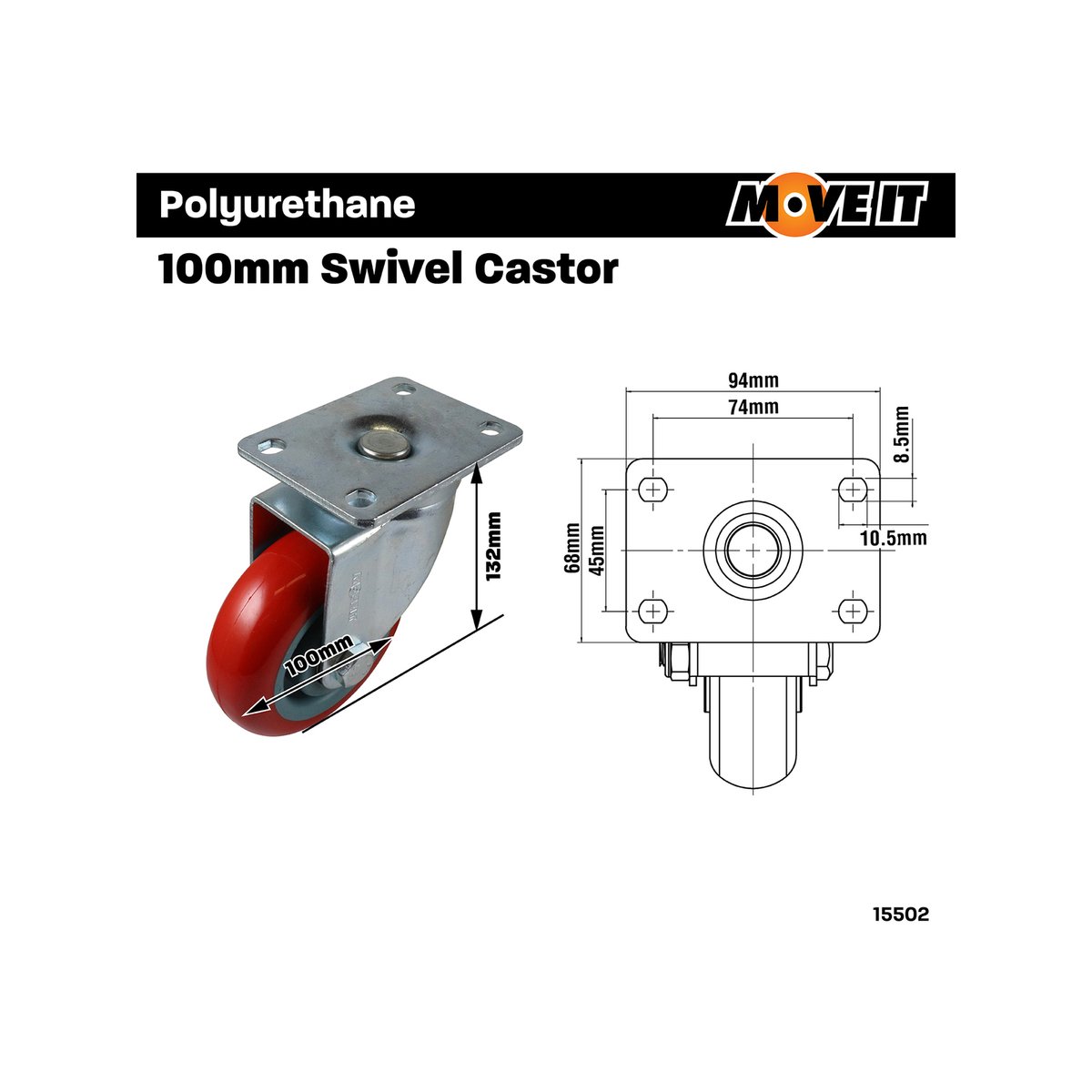 Move It 100mm Polyurethane Swivel Castor 150kg Indoor Outdoor