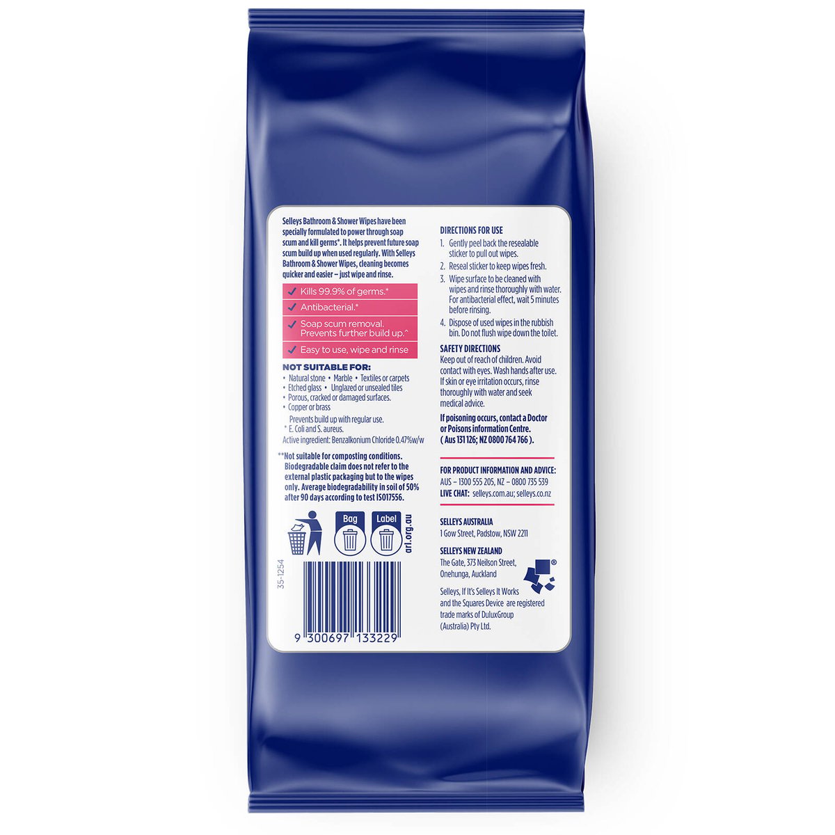 Selleys Complete Clean Bathroom and Shower Wipes - 30 Pack