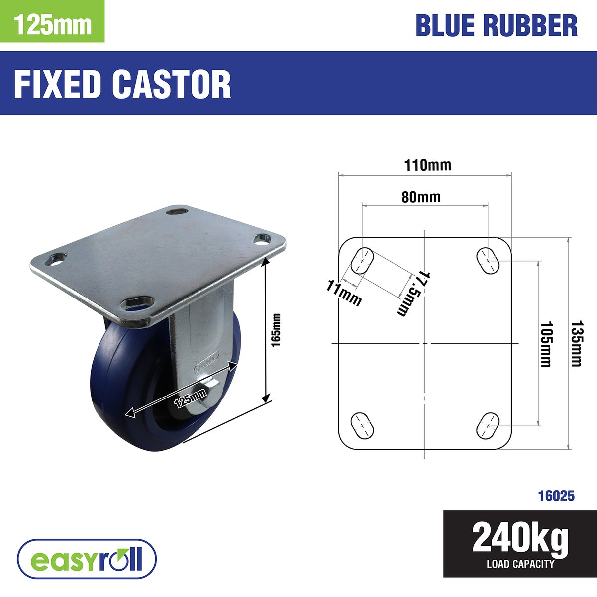 Easyroll Fixed Plate Castor - 125mm - Blue Elastic Rubber - Non-Marking - SuperSaverAU - view 2