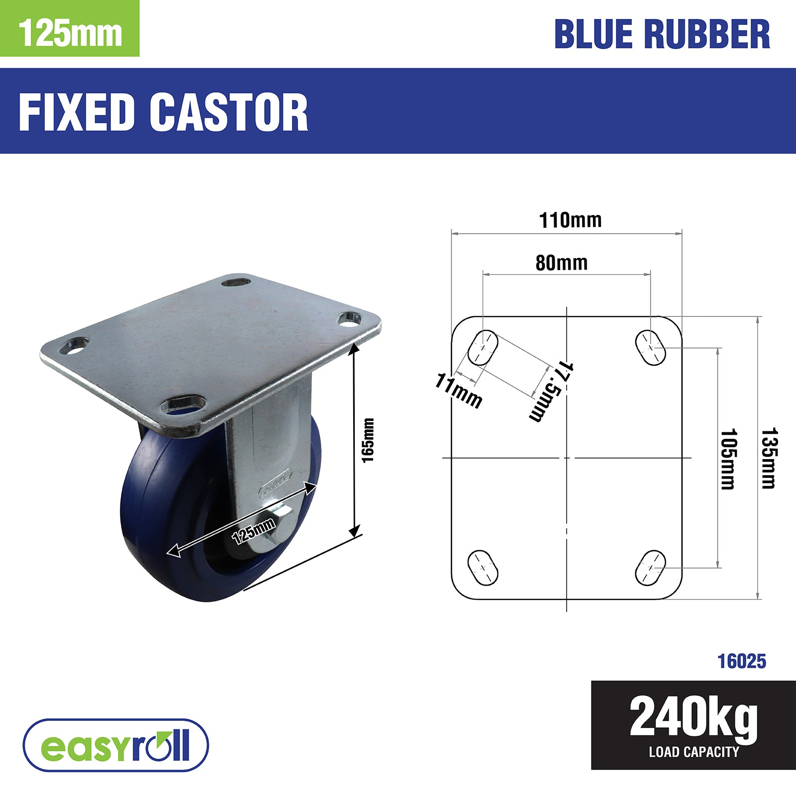 Easyroll 125mm Blue Elastic Rubber Fixed Plate Castor