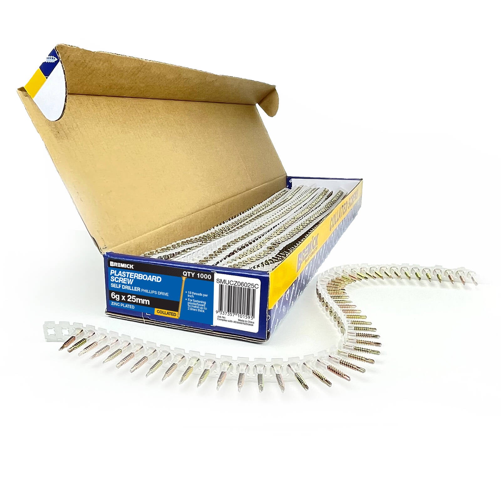 Bremick Collated Plasterboard Screws 6g x 25mm Yellow Zinc Bugle Head Fine Thread 1000 Pack