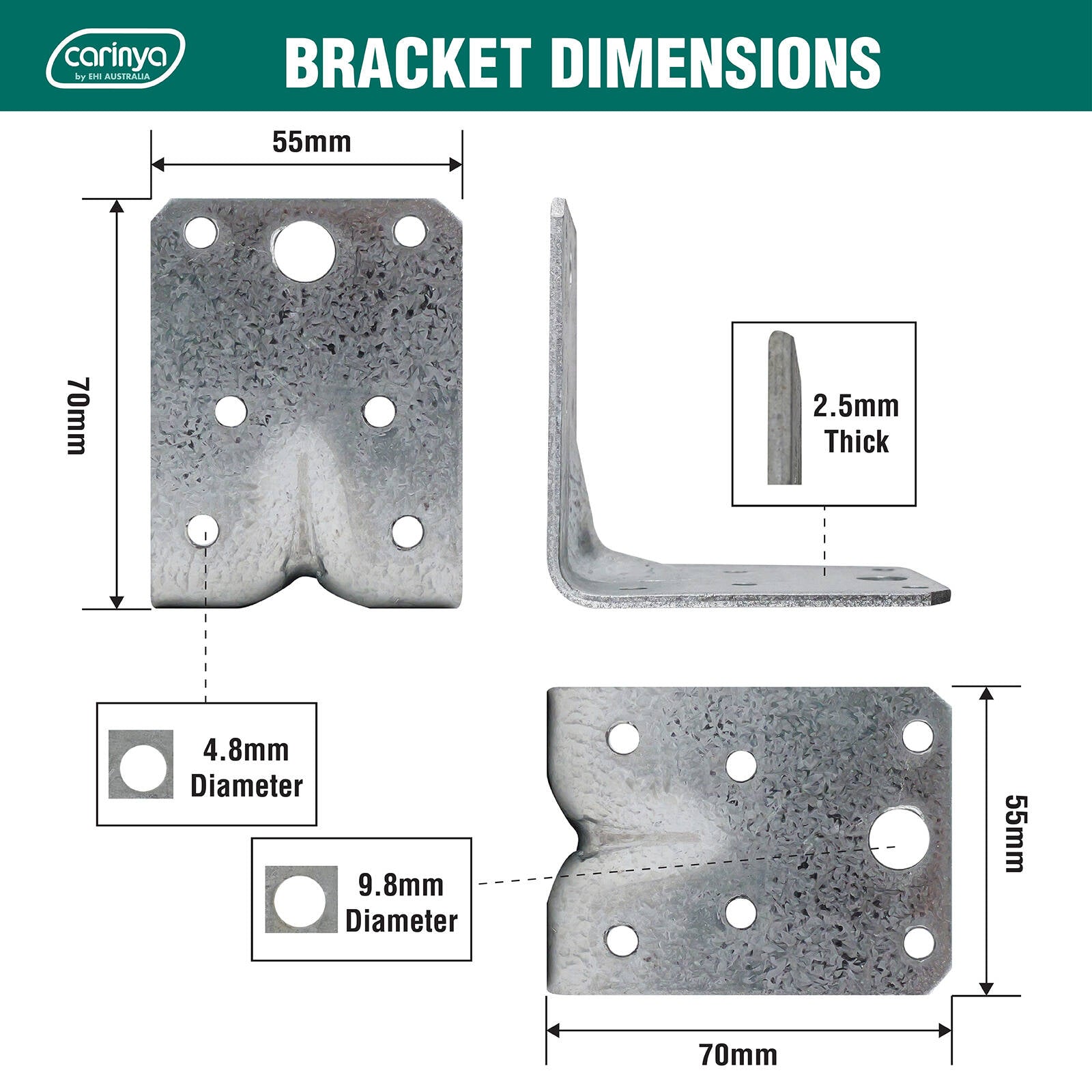 Carinya 70 x 70 x 55 x 2.5mm Galvanised Steel Reinforcing Bracket - 4 Pack