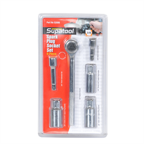 Supatool 3/8" Drive 6 Piece Spark Plug Socket Set - 16-21mm, Carbon Steel