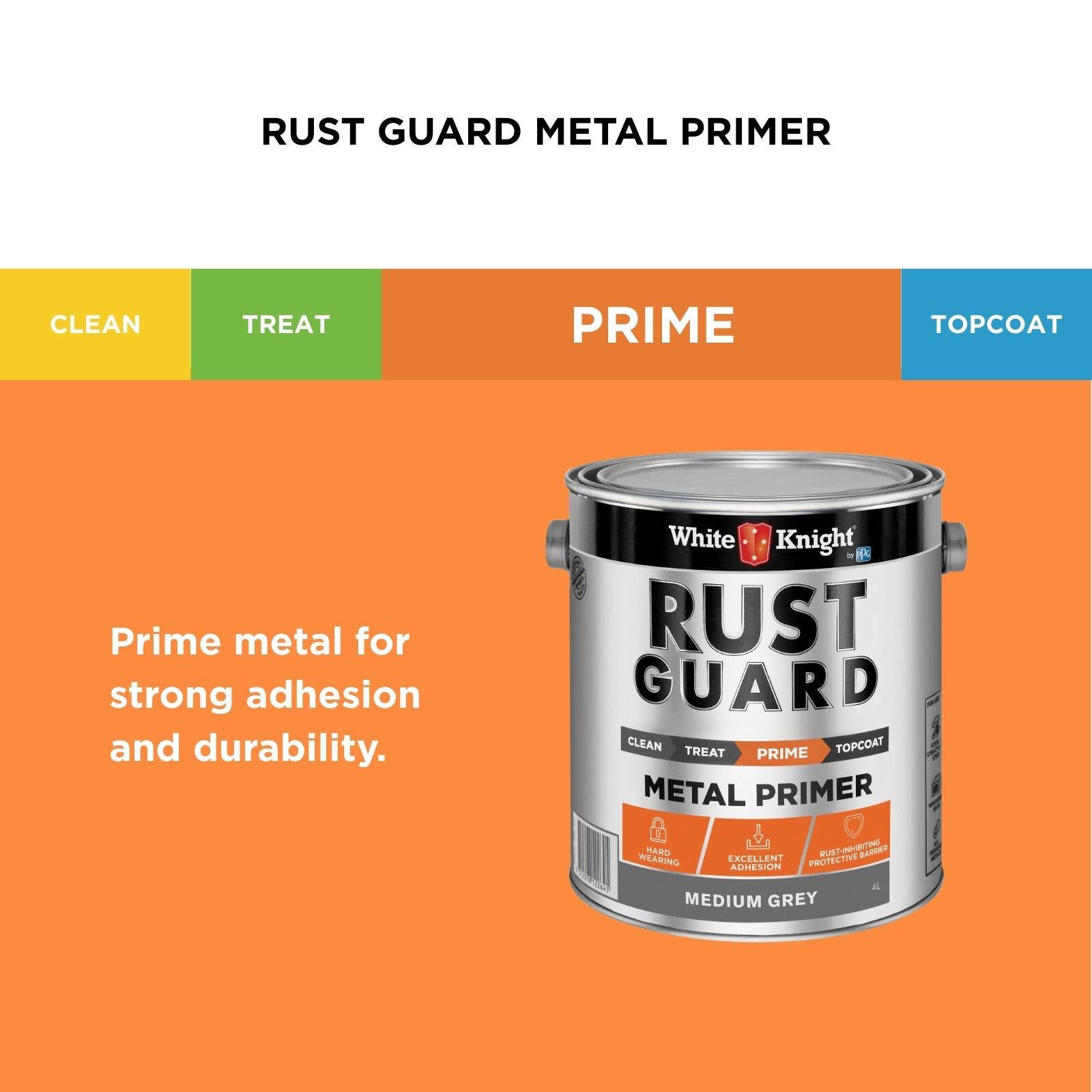White Knight Rust Guard Metal Primer 4L - Medium Grey Solvent Based Rust-Inhibiting Primer