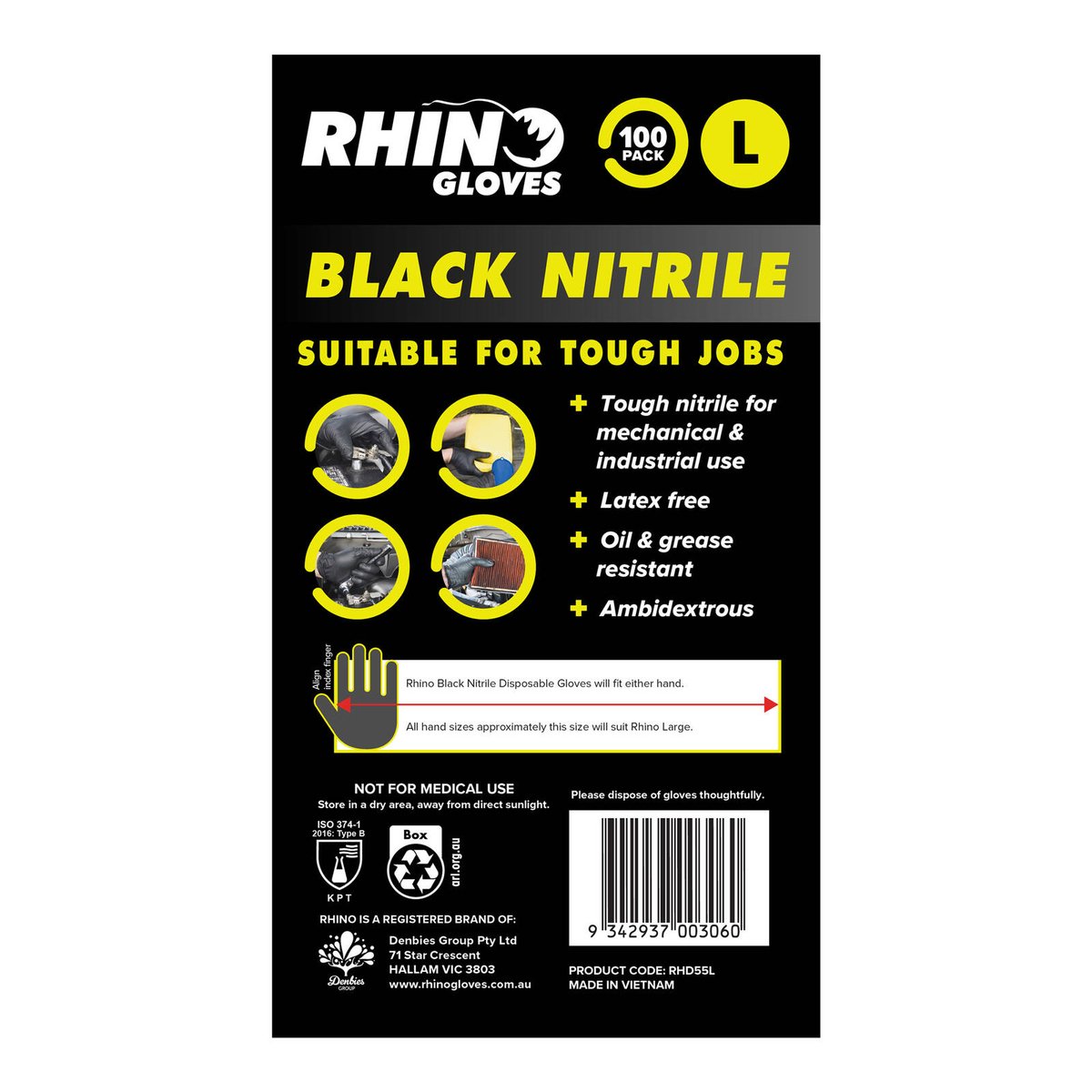 Rhino Nitrile Disposable Gloves, Large, Latex-Free Textured Grip, 100 Pack