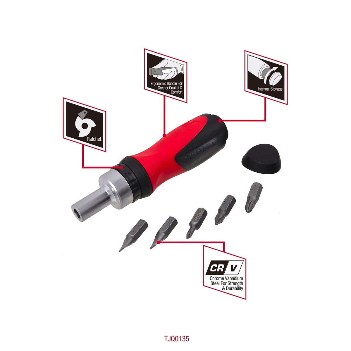 Trojan 6-in-1 Stubby Ratchet Screwdriver, CRV