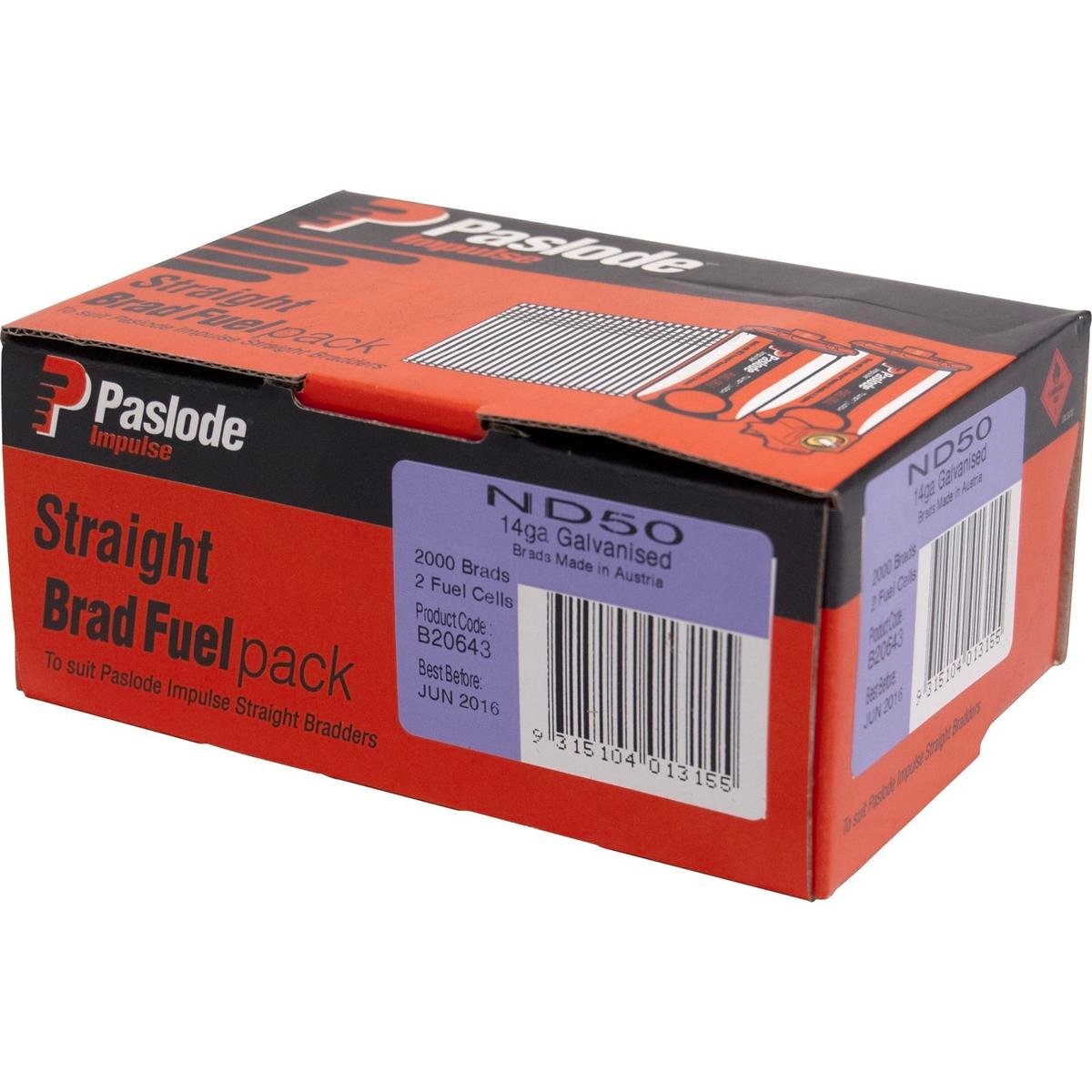 Paslode 45 x 2.0mm Zinc Plated ND Impulse Brad With Fuel - 2000 Pack, 14G