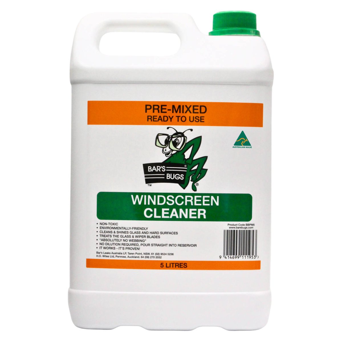 Bar's Bugs 5L Green Pre-Mix Windscreen Cleaner Ready to Use