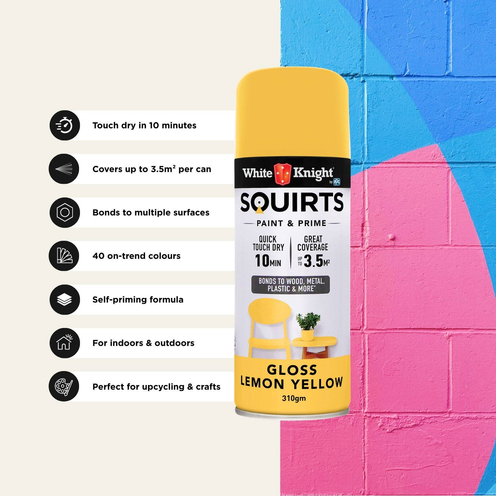 White Knight Squirts 310g Lemon Yellow Gloss Spray Paint - Indoor/Outdoor