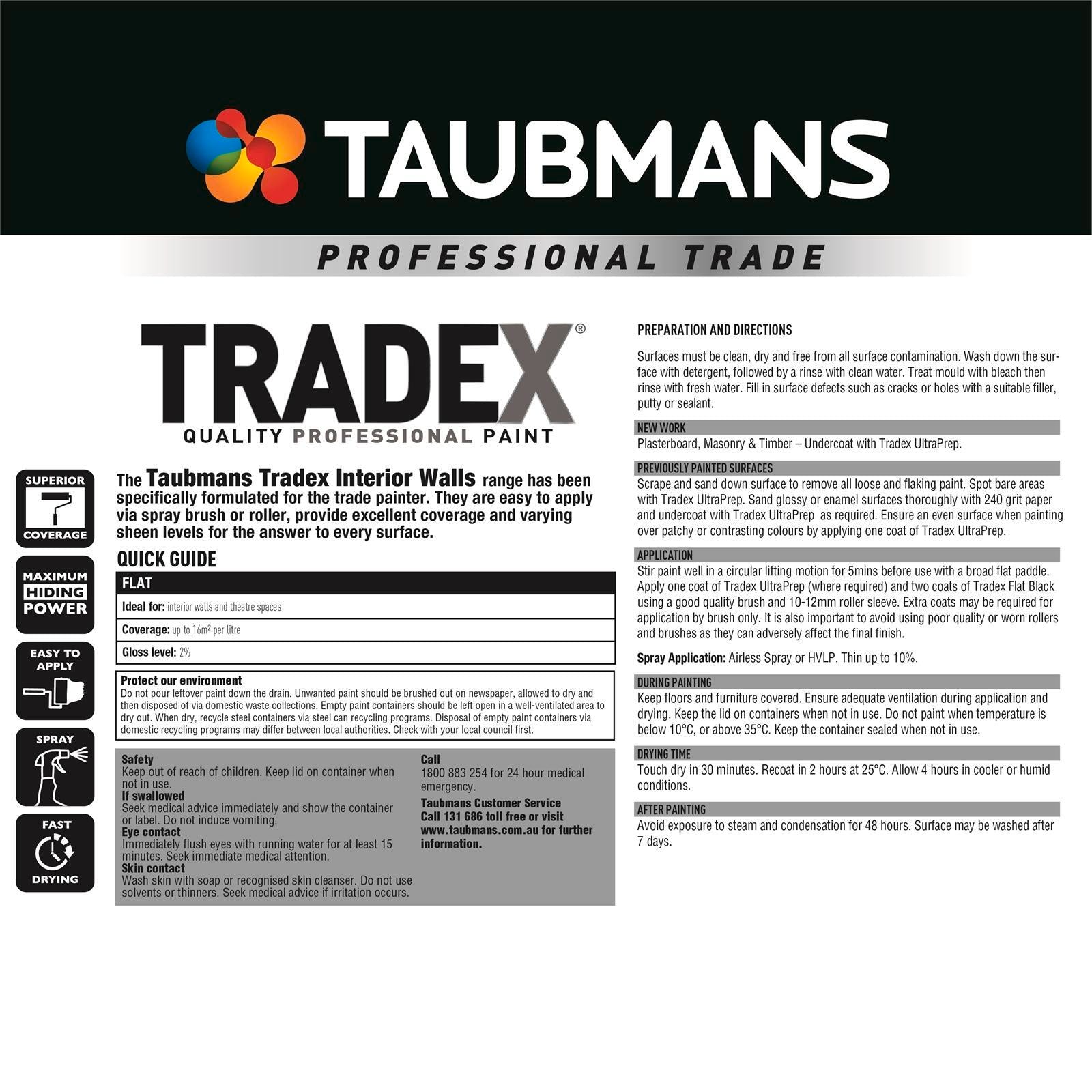 Taubmans Tradex 4L Black Flat Interior Wall Paint - Water Based, Splatter Resistant, Tintable