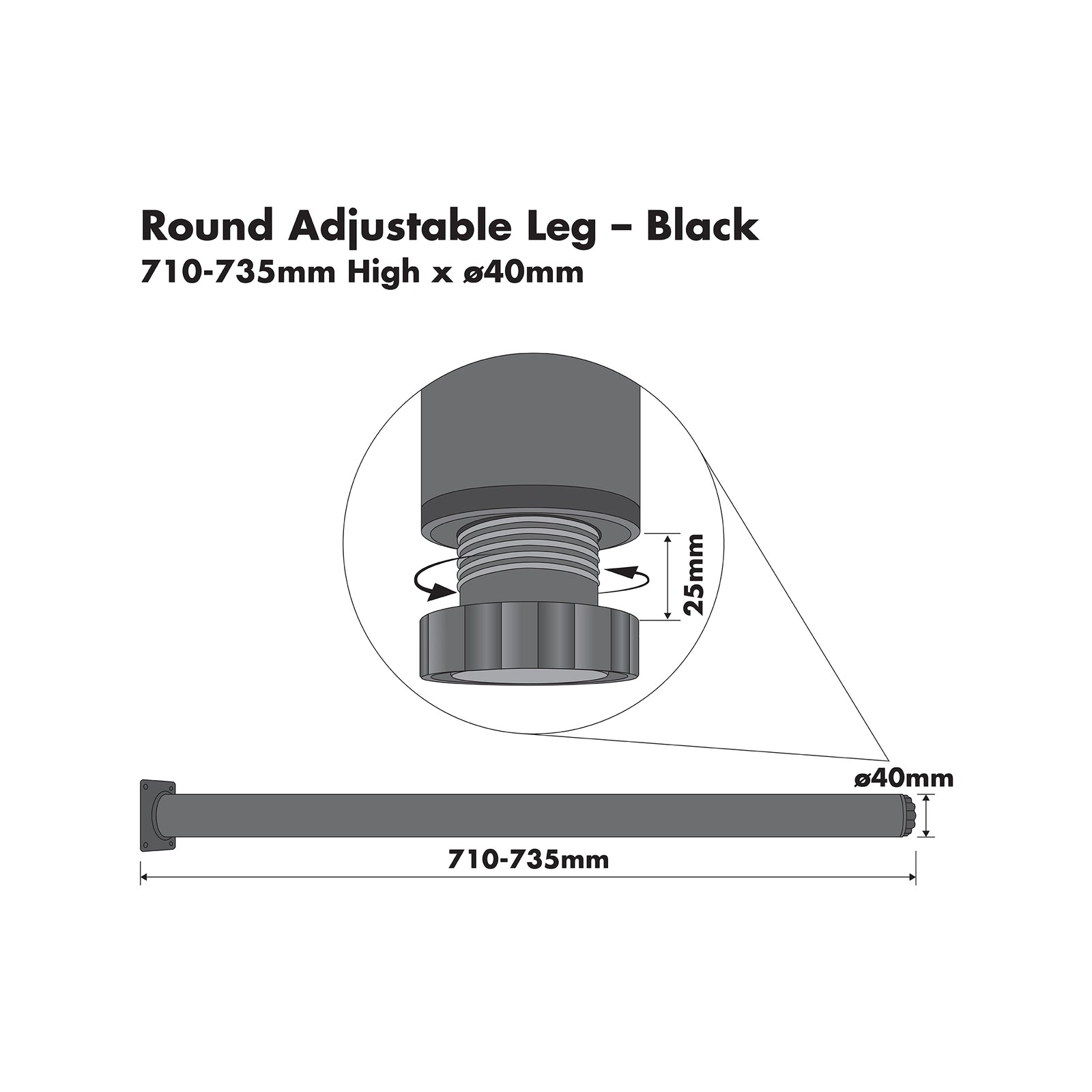 Adoored 40 x 710mm Black Steel Round Adjustable Furniture Leg