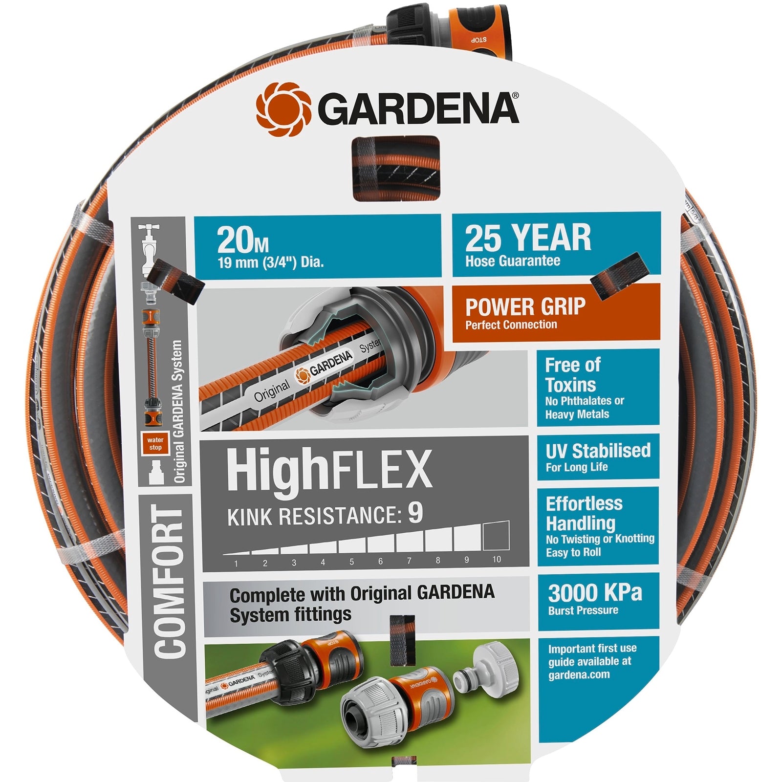 GARDENA 19mm x 20m HighFLEX Fitted Garden Hose, PVC, Kink & UV Resistant