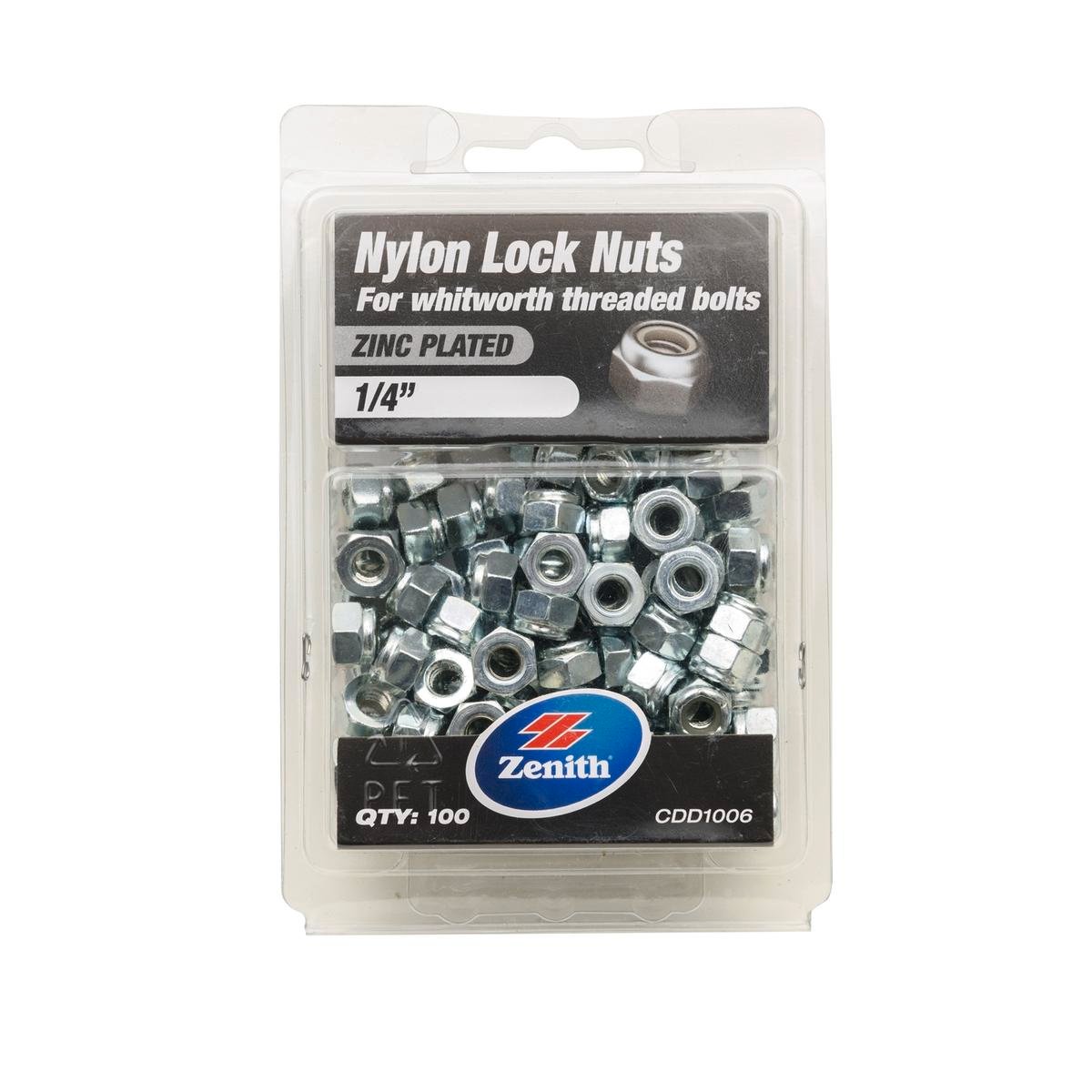 Zenith 1/4" Zinc Plated Nylon Lock Nut - 100 Pack